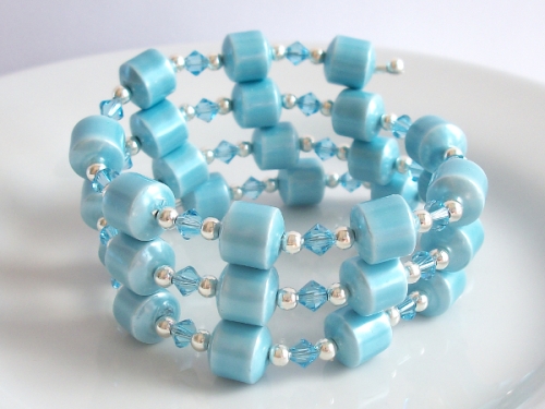 Aqua Blue Magnetic Hematite Wrap Bracelet with Aquamarine Swarovski Crystals ~ March Birthstone (Silver Plated)